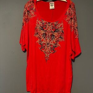 Vocal Red Scoop Neck Tunic with Gold & Black Embellishment